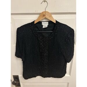 Stenay Vintage 80s Women's Black Beaded Eveningwear Silk Top Size Small